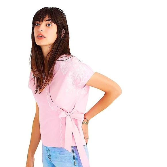 𝅺MADEWELL Pink Embroidered Side Tie Wrap Top Size Small - Picture 1 of 16